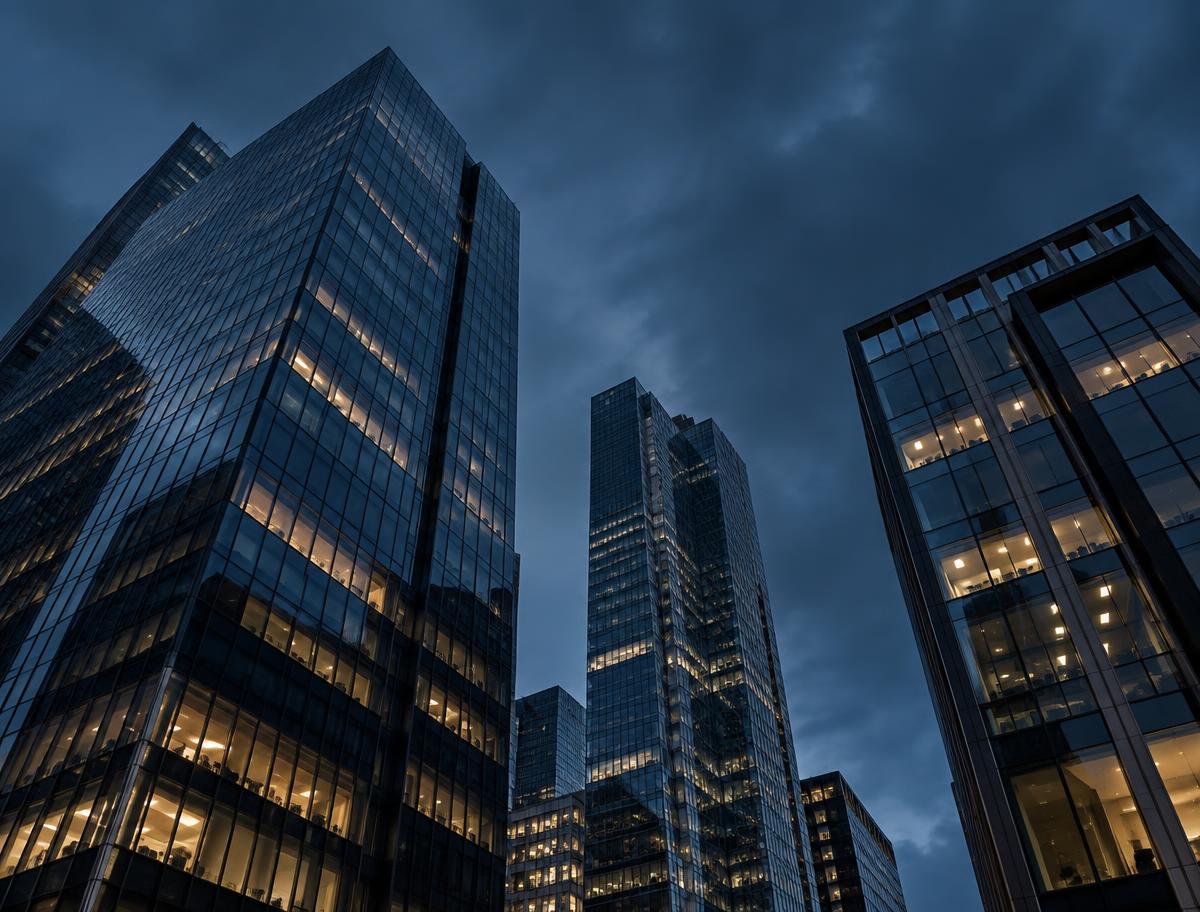 Modern glass office towers at dusk in deep navy tones